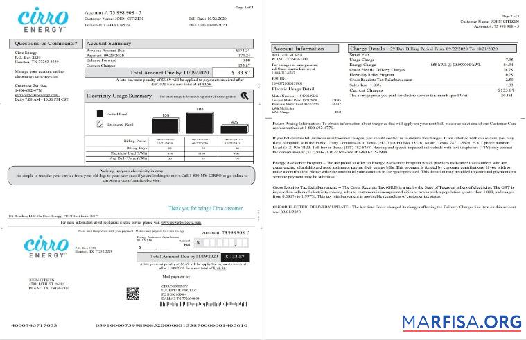 Printable USA Texas Cirro Energy utility bill template in Word and PDF format (3 pages) 1 2